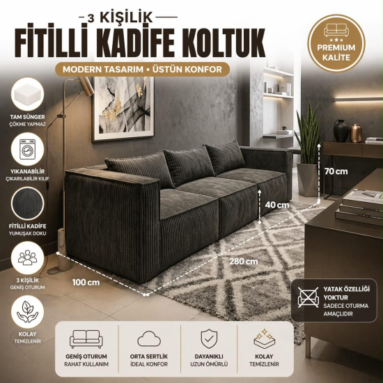 3 KİŞİLİK FİTİLLİ KADİFE KOLTUK-ANTRASİT