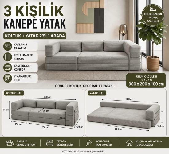 3 KİŞİLİK KANEPE YATAK-GRİ