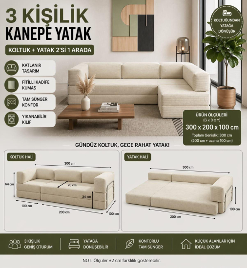 3 KİŞİLİK KANEPE YATAK-KREM