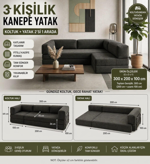3 KİŞİLİK KANEPE YATAK-ANTRASİT