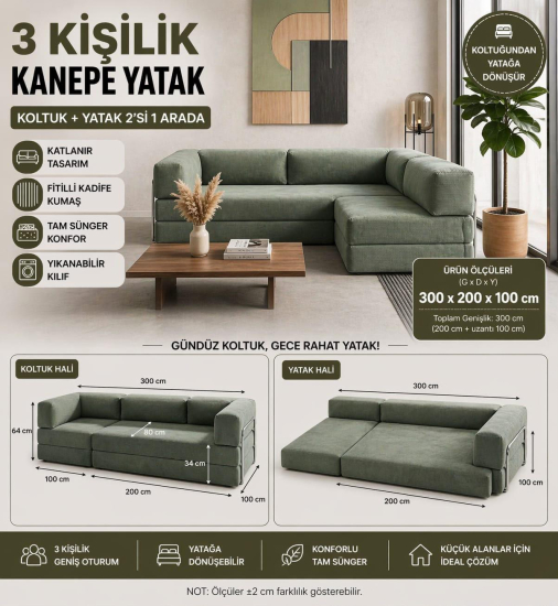 3 KİŞİLİK KANEPE YATAK-YEŞİL