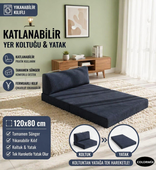2 KİŞİLİK KATLANANBİLİR YER KOLTUĞU YATAK-LACİVERT