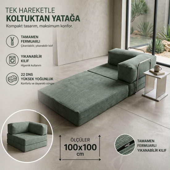 TEK KİŞİLİK KATLANANBİLİR YER KOLTUĞU YATAK-YEŞİL