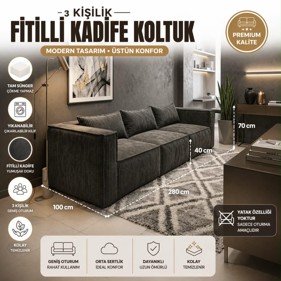 3 KİŞİLİK FİTİLLİ KADİFE KOLTUK-ANTRASİT