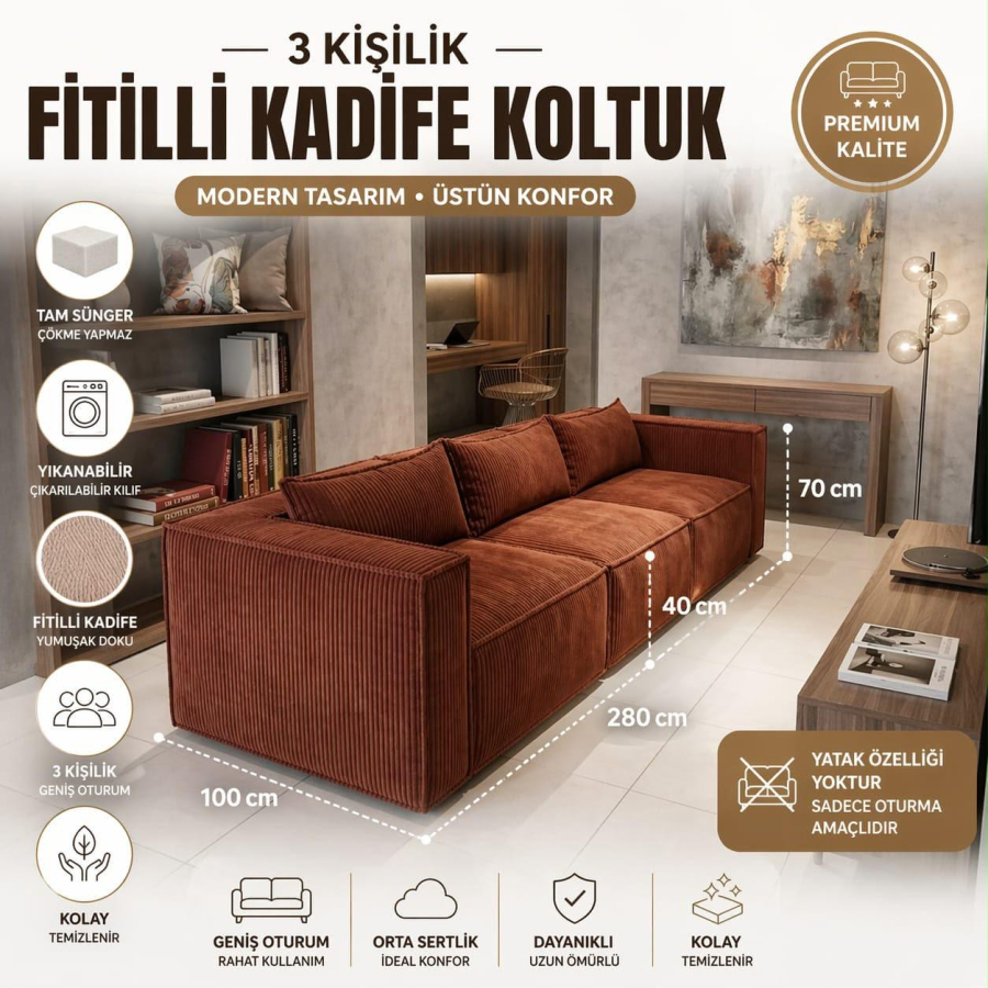 3 KİŞİLİK FİTİLLİ KADİFE KOLTUK-BORDO