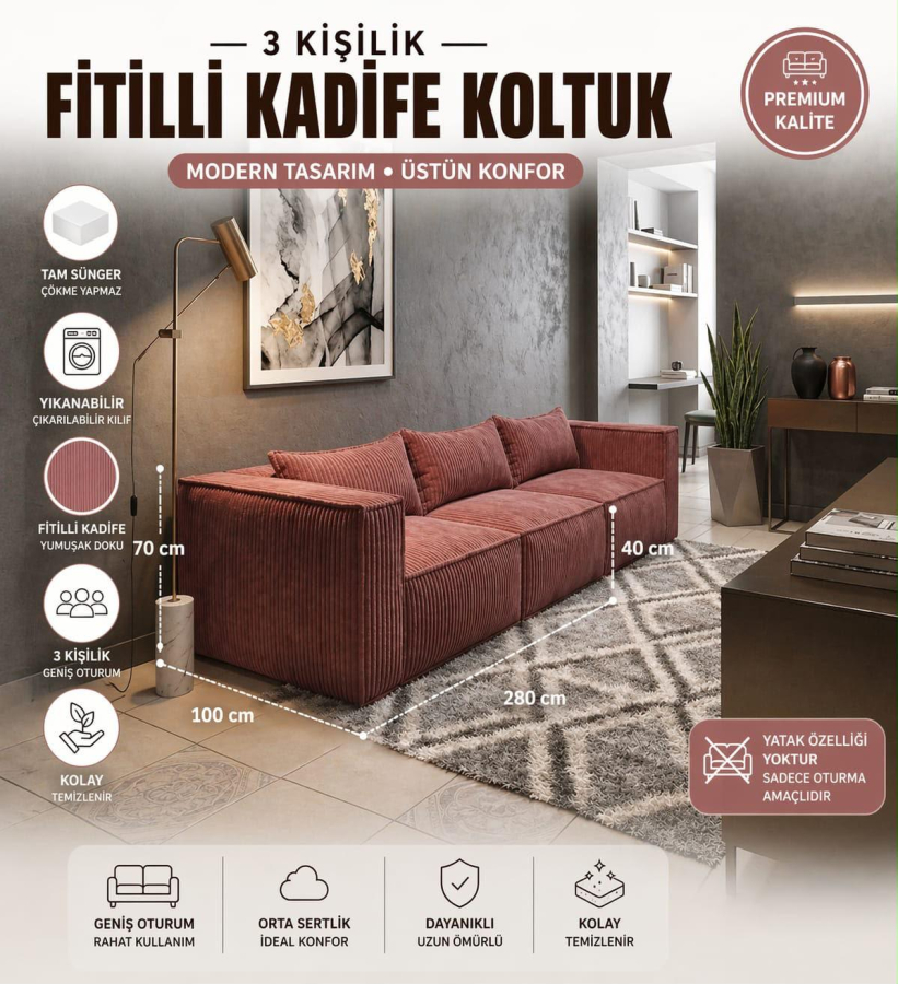 3 KİŞİLİK FİTİLLİ KADİFE KOLTUK-PUDRA