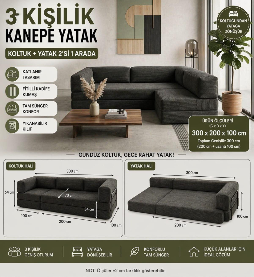 3 KİŞİLİK KANEPE YATAK-ANTRASİT