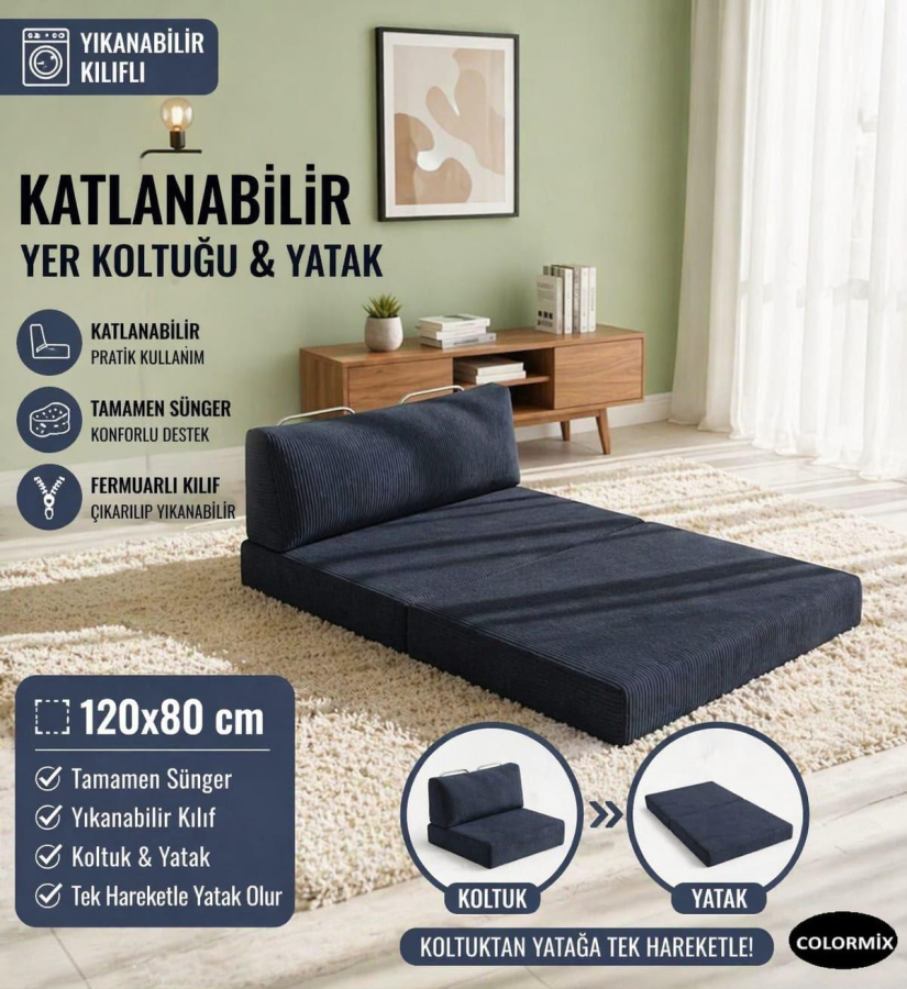2 KİŞİLİK KATLANANBİLİR YER KOLTUĞU YATAK-LACİVERT