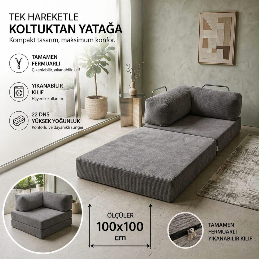 TEK KİŞİLİK KATLANANBİLİR YER KOLTUĞU YATAK-GRİ