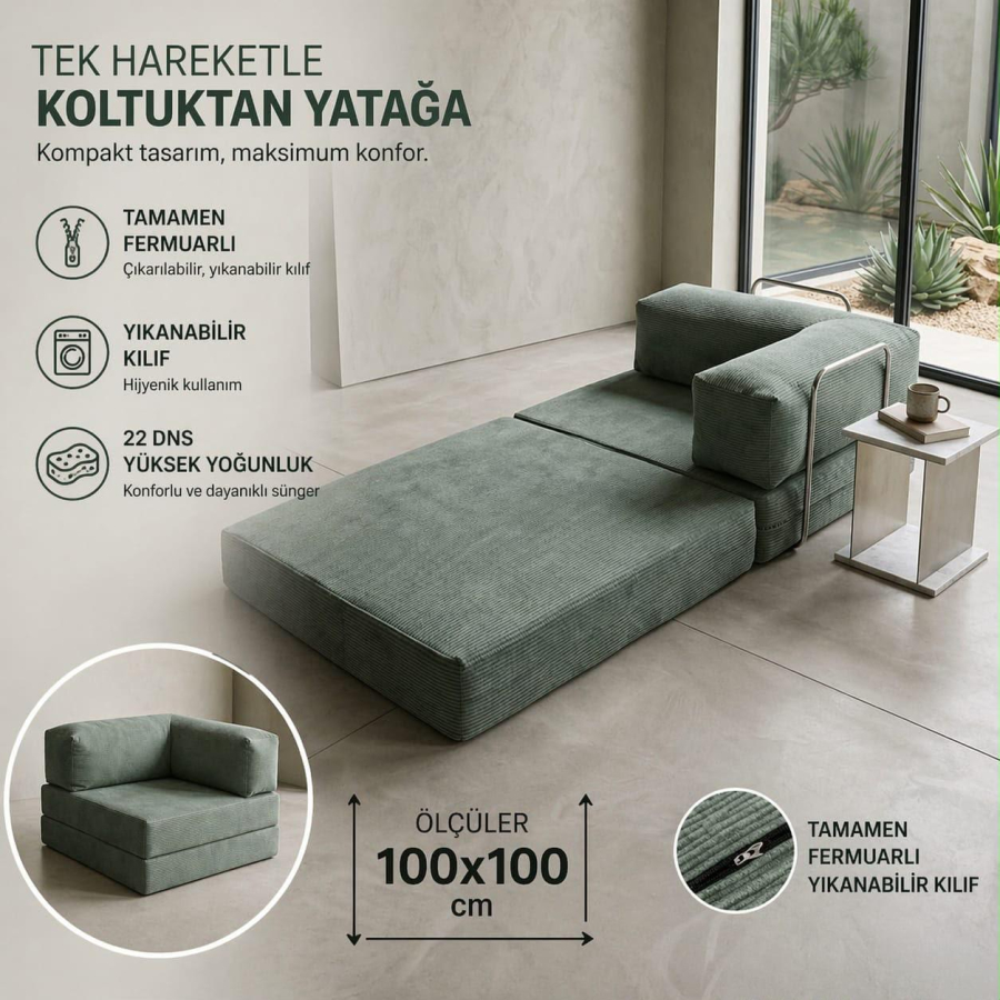 TEK KİŞİLİK KATLANANBİLİR YER KOLTUĞU YATAK-YEŞİL